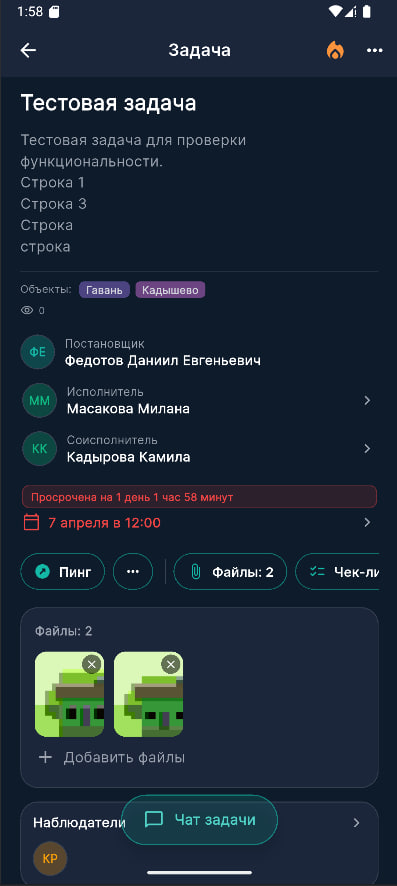 Экран задачи